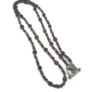 Vintage 925 Sterling Silver Genuine Garnet Beaded Flower Clasp Necklace 32"